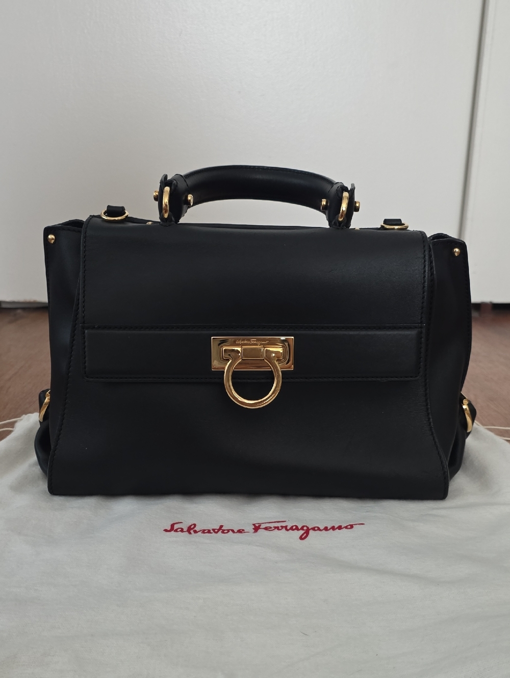 Salvatore Ferragamo Sofia Bag Black Leather Satchel with Gold Gancini Ring